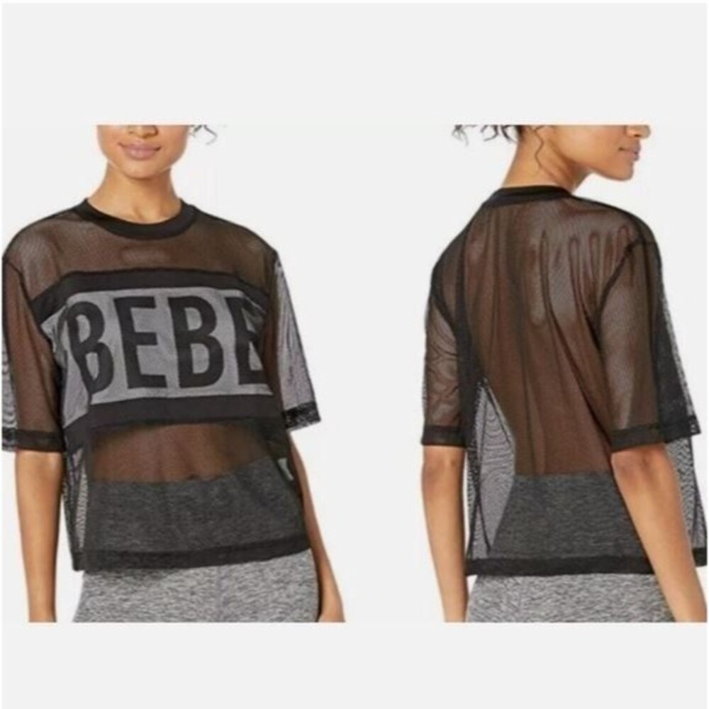 Bebe Sport Mesh Crop Top Size L Gym Retro Gameday Party Sexy Summer Jersey Black